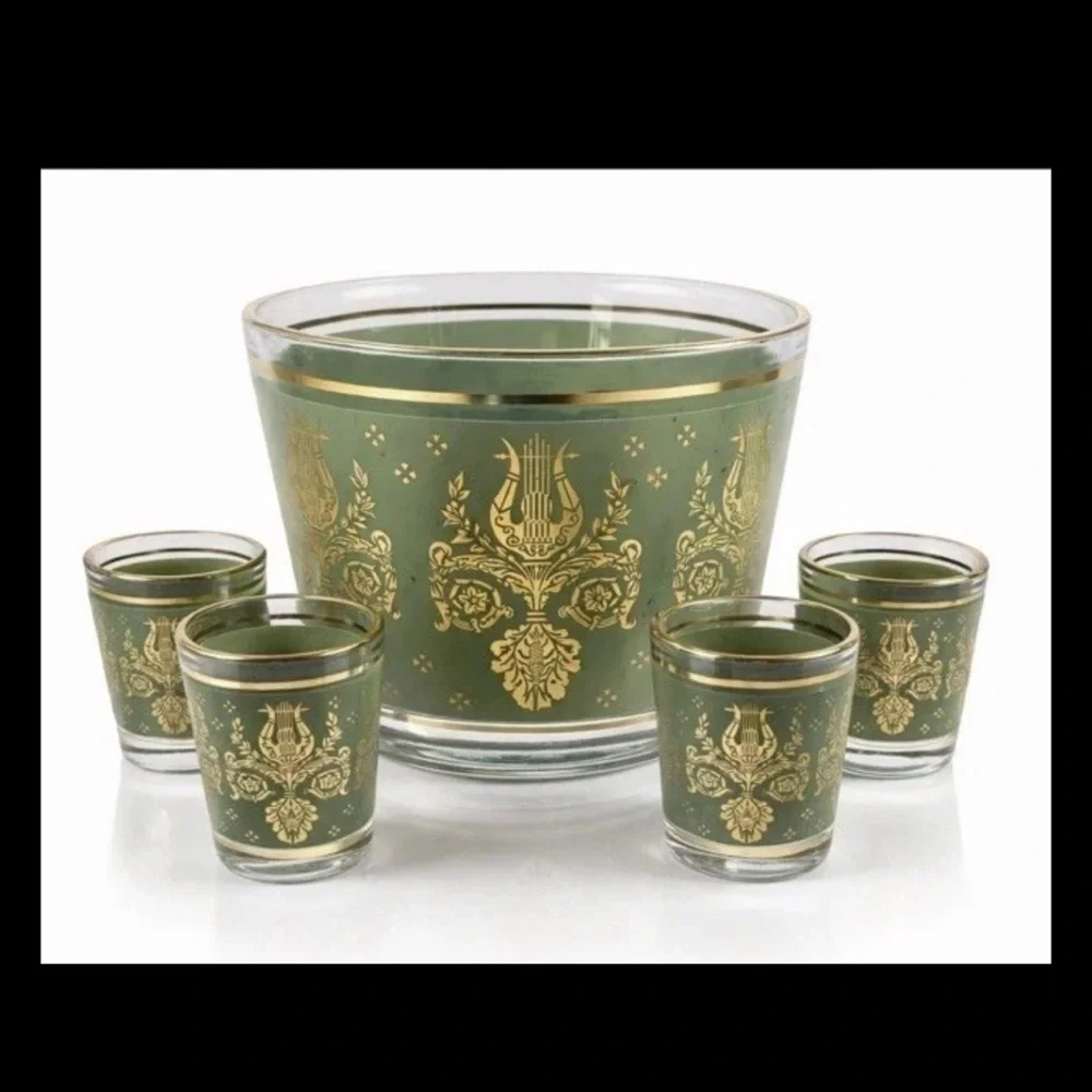 Vintage Green Gold Ice Bucket + 4 Small Glasses Hollywood Regency mid-century